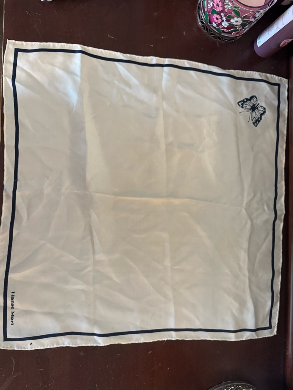 Hanae Mori Japanese Designer Cream Silk Scarf with Navy Border and Butterfly